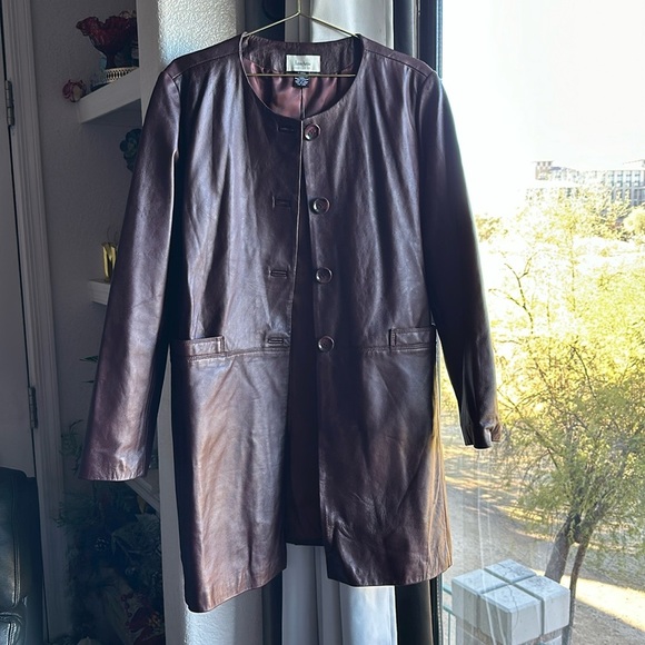 Neiman Marcus 4 button long leather Burgundy wine button two pocket jacket XL - Picture 1 of 17